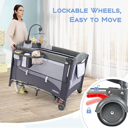 Miniatura 6 de INFANS Pack and Play, 5 en 1 Cuna Junto a la Cama del Bebé con Moisés, Cambiador de Pañales, Colchón, Bolsa de Transporte, Juguetes Colgantes con