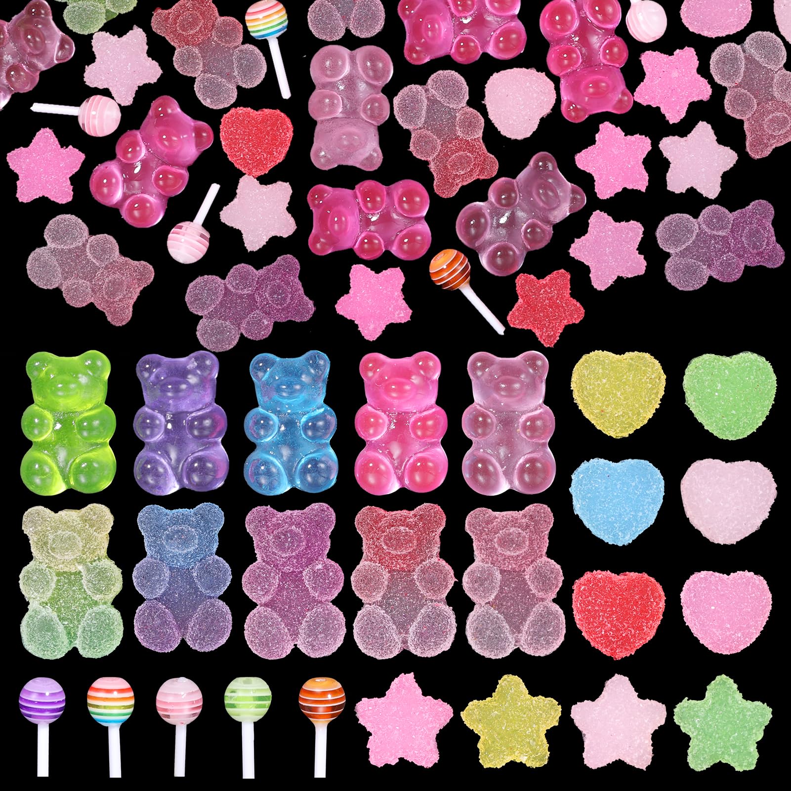 CESUSME 100 Pcs Candy Bear Nail Charms for Nail Design, 3D Mixed Color Cartoon Gummy Bear Lollipop Star Heart Acrylic Nail Art Decoration Charms for Cute Manicure DIY Crafts Accessories