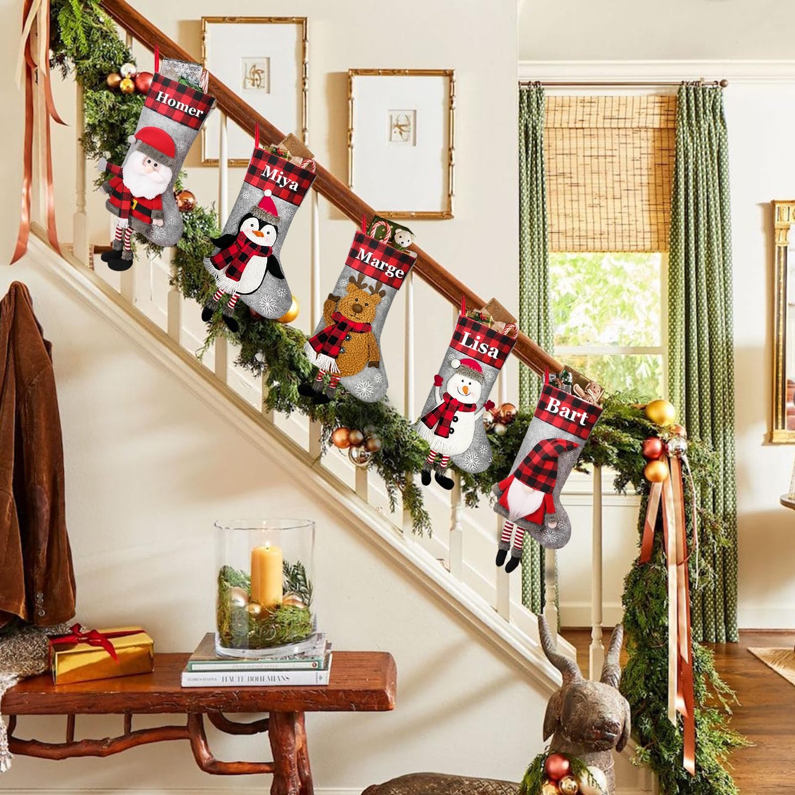 SearchI Weihnachtsstrumpf Personalisiert Nikolaussocken zum Befüllen Cartoon Weihnachtsmann, Elch, Schneemann, Pinguin Weihnachtsdekoration für Kamin, Weihnachtsbaum, Wand, Treppe(3 Stück)