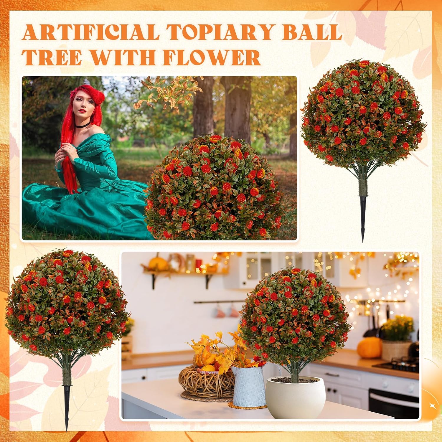 Lunmon 2 Pack 24" Artificial Topiary Ball Plant Trees Outdoor,Orange,Rose