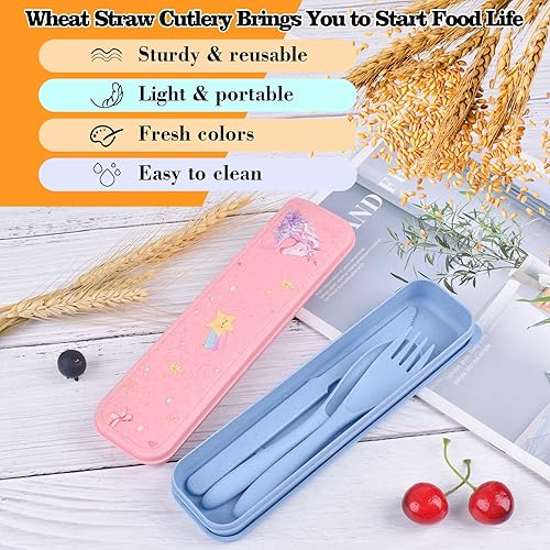 Miniatura 3 de Juego de cubiertos de viaje con estuche, bonito juego de tenedor y cuchara portátil de paja de trigo de unicornio, utensilios reutilizables