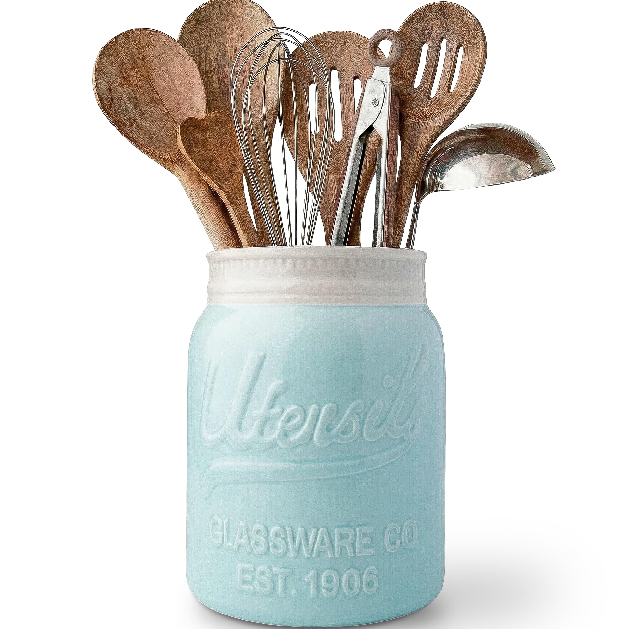 Comfify Wide Mouth Mason Jar Utensil Holder Decorative Kitchenware Organizer Crock, Chip Resistant Ceramic, Dishwasher Safe - Kitchen Caddy Aqua Blue, Large Size 7" High