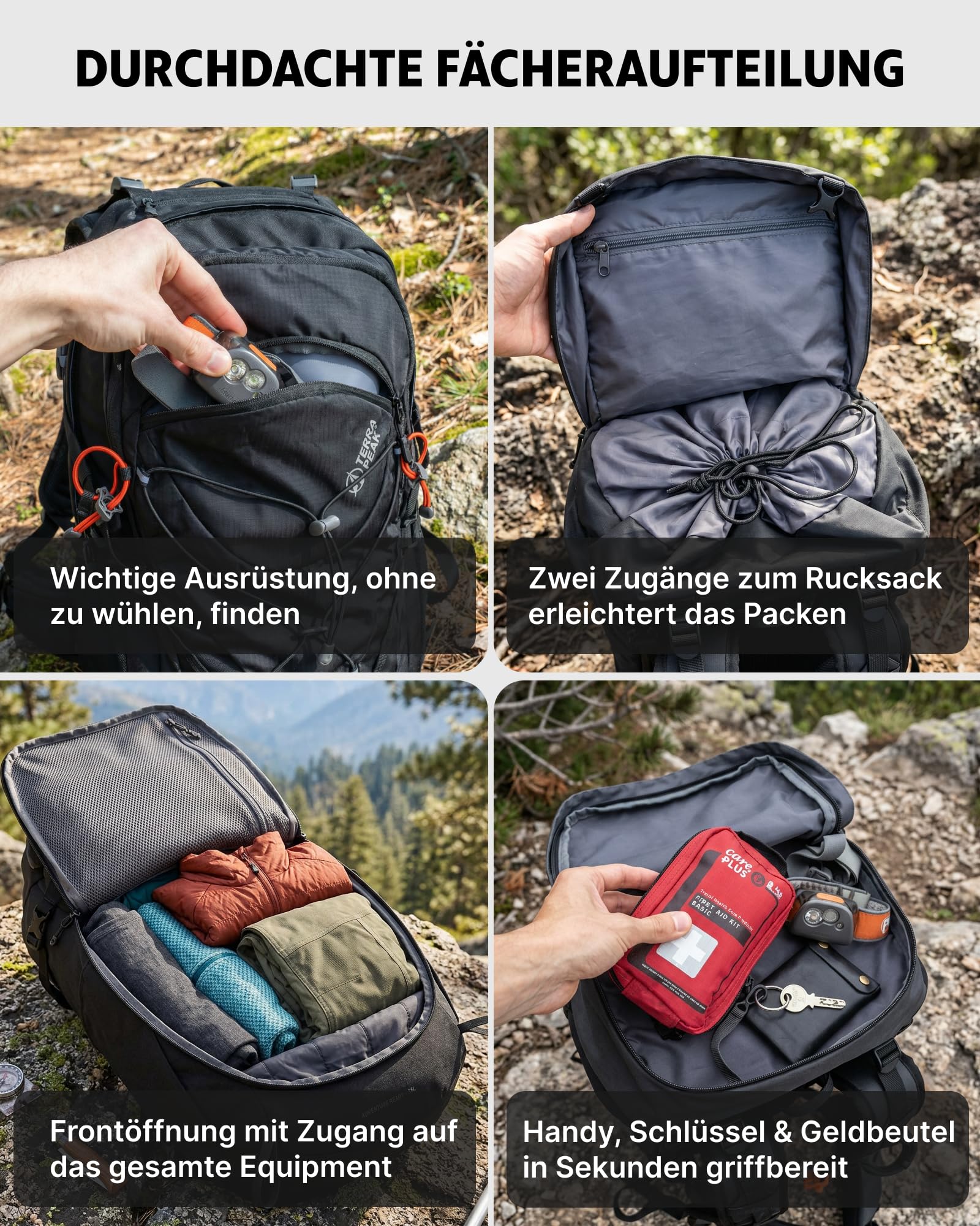 Terra Peak® Plecak turystyczny premium 30 l + 3 l (TORVA 30) dla kobiet i mężczyzn z wentylowanym grzbietem z siatki, pokrowcem przeciwdeszczowym i kieszenią na pokrywę, plecak trekkingowy z paskiem