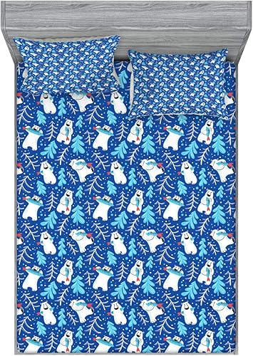 Ambesonne Northwoods Fitted Sheet & Pillow Sham Set, Polar Bear with a Fish and Arctic Coniferous Forest on Blue Backdrop, Decorative Printed 3