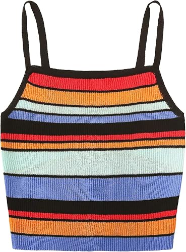 SweatyRocks Women's Sexy Strappy Striped Print Slim Fit Rib Knit Cami Crop Top 1