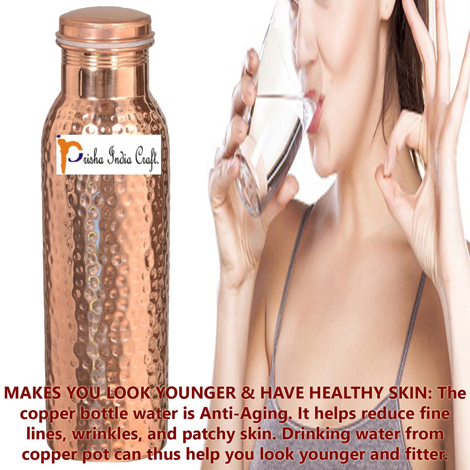 Prisha India Craft Ayurveda - Juego de 10 botellas de agua de cobre puro (900 ml, sin juntas, hechas a mano)