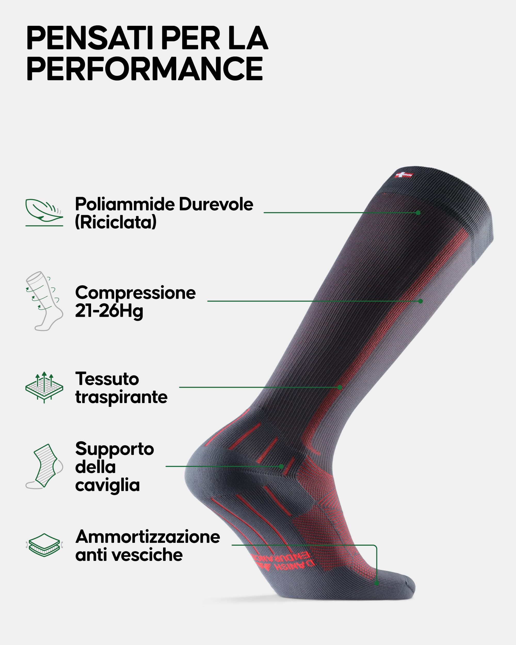 DANISH ENDURANCE Calze Compressione Graduata Uomo Donna 21-26 mmhg, Recupero, Viaggi, Sport, 1 Paio