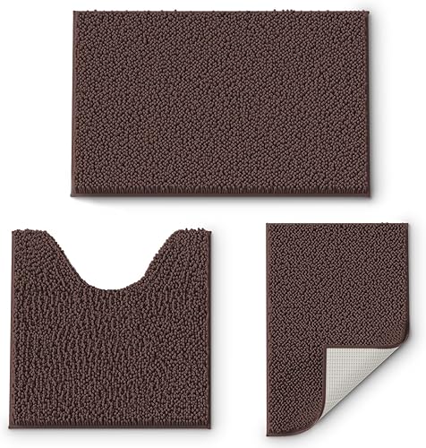 Juego de 3 alfombras de baño de felpilla color marrón, alfombras de baño para baño, juego de baño extra suave y absorbente, alfombras de felpa,