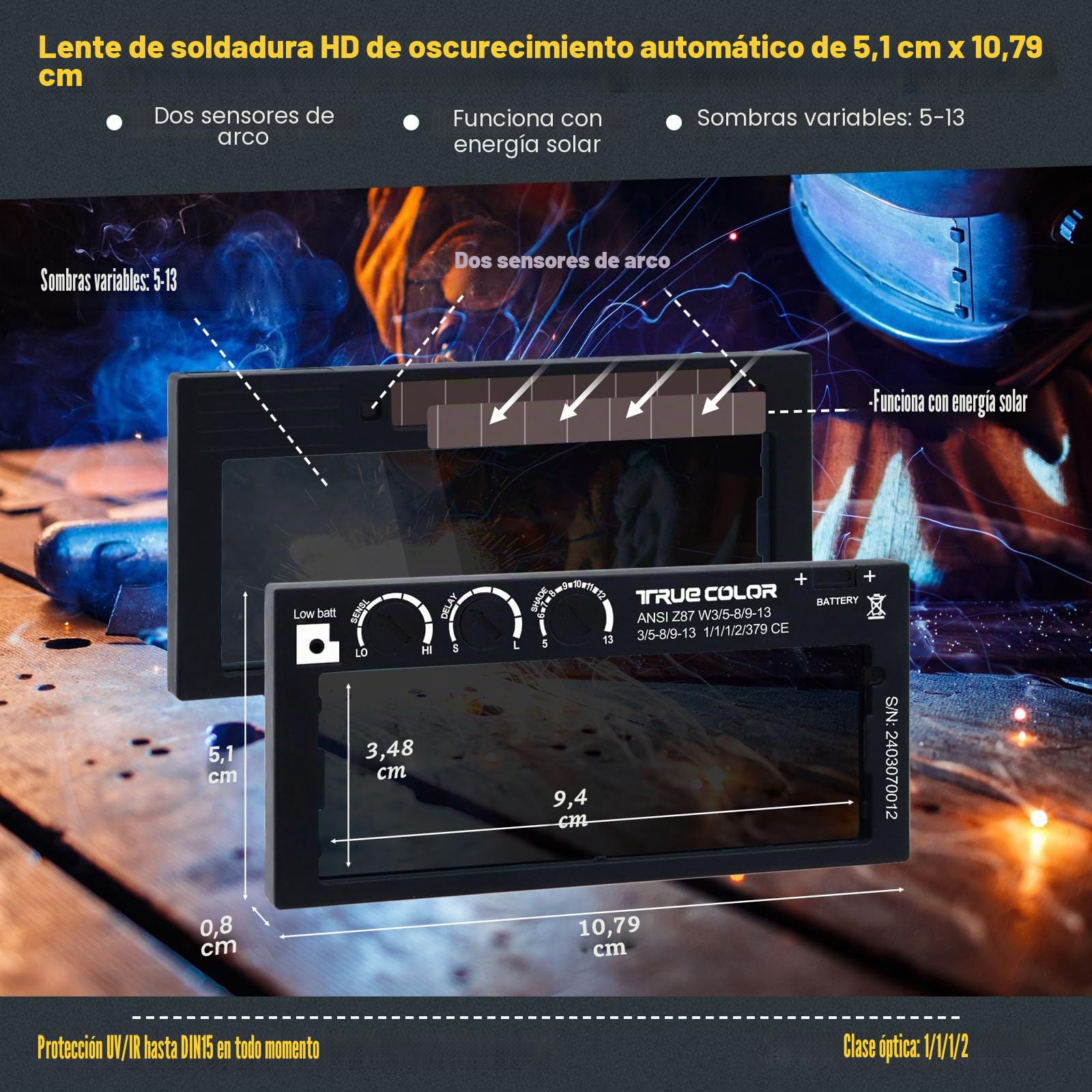 Lente de soldadura de oscurecimiento automático 2x4 1/4, tono variable 5-13, tecnología de color verdadero, sensibilidad ajustable/tiempo de recuperación/rango de tono, se adapta a la mayoría de