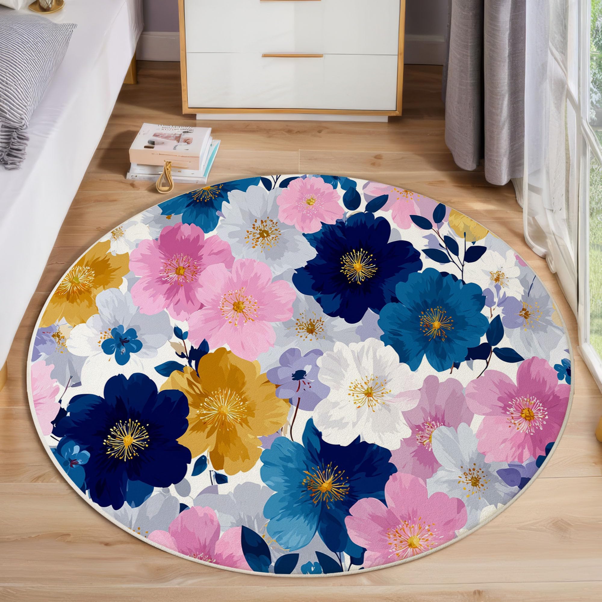 Tapis rond moquette bleu foncé doux lavable tapis plantes 160 cm