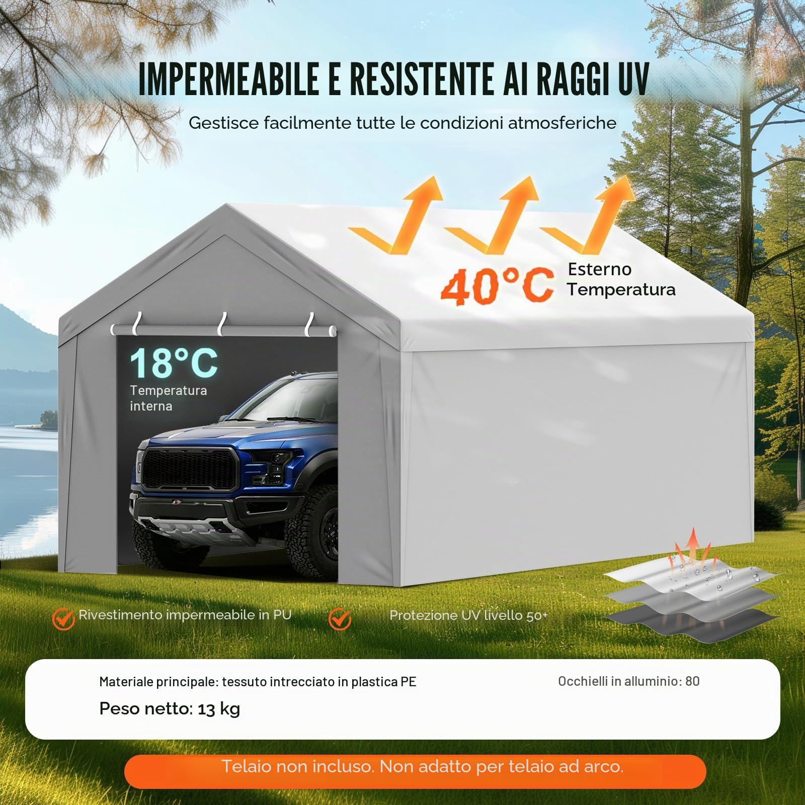 VEVOR Tendalino di ricambio per posto auto coperto parete laterale 10x20ft, impermeabile e protetto dai raggi UV, bianco (telaio non incluso)