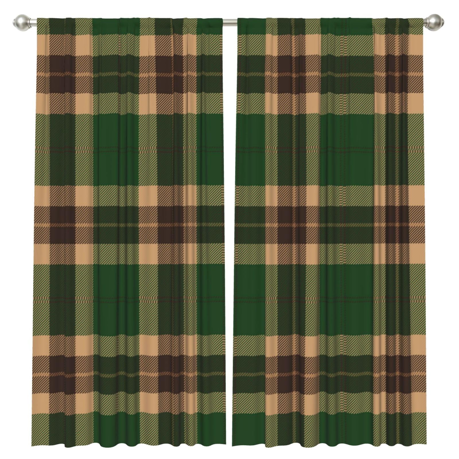 InOmak Green And Brown Tartan Plaid, 2 Panels Window Curtains 52 x 84 Inch Blackout Curtains for Living Room Bedroom