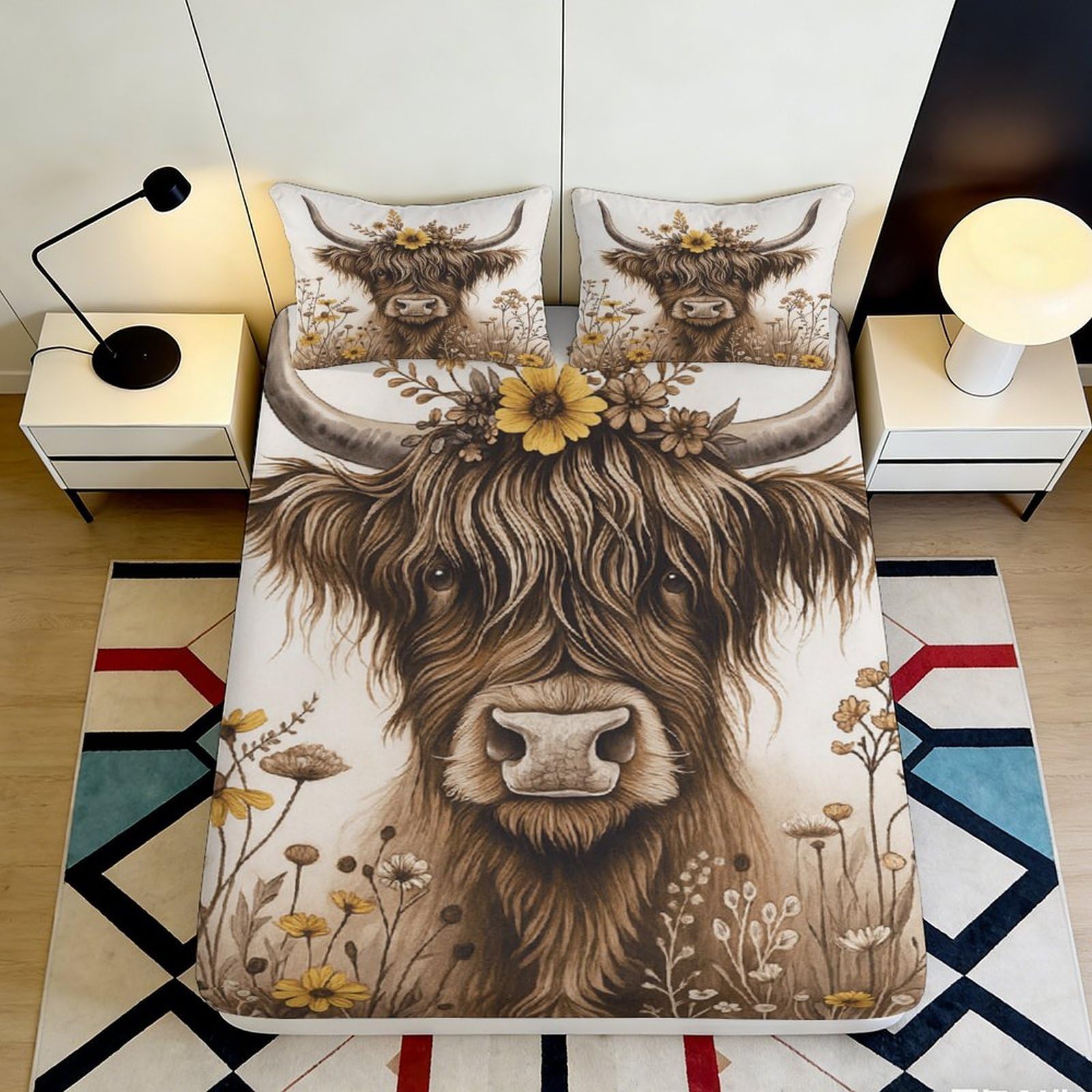 Jqzkxnhpbr Style-3 3D Printed Highland Cow Fitted Sheet Microfiber Brown Floral Mattress Cover For Bedroom Dorm Protective Decor 90X200x25cm