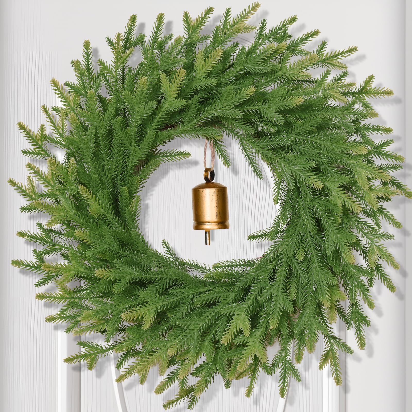 christmas wreath decorations - 24 inch norfolk pine wreath with vintage charm cow bell, christmas wreaths for front door, christmas door wreath for outdoor indoor wall windows christmas decor