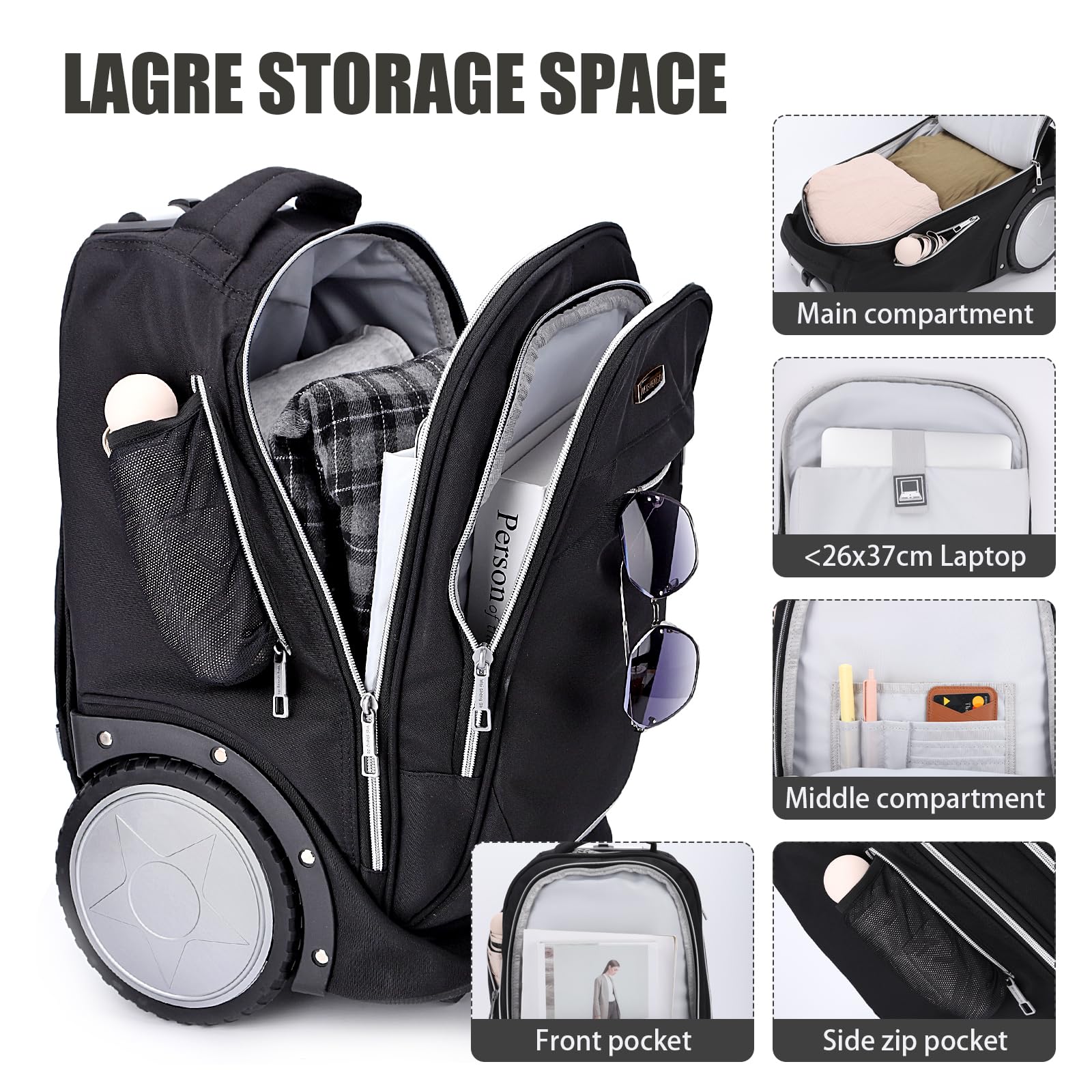 Rucksack mit Rollen, Rucksack trolley doppelt verstärktem Teleskopgriff, leichtes Hinauf- und Hinuntergehen von Treppen, Handgepäck-Rucksack mit Laptopfach für Geschäftsreisende und Pendler, Schwarz