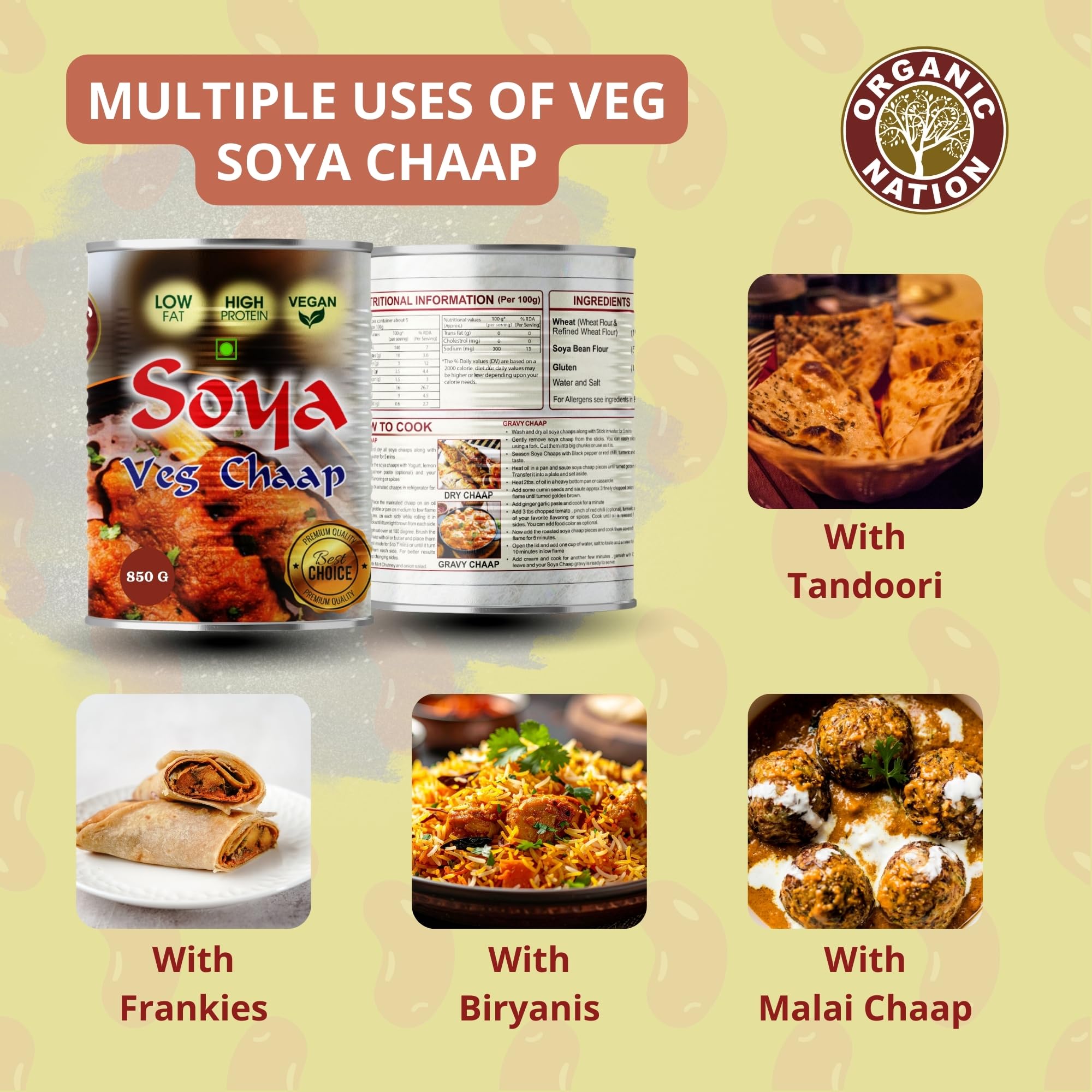 ORGANIC NATION Veg Soya Chaap (850g) - Ready to Cook, High Protein Plant Based Meat Alternative - Perfect for Tandoori Tikka, Malai Chaap and Curry 1