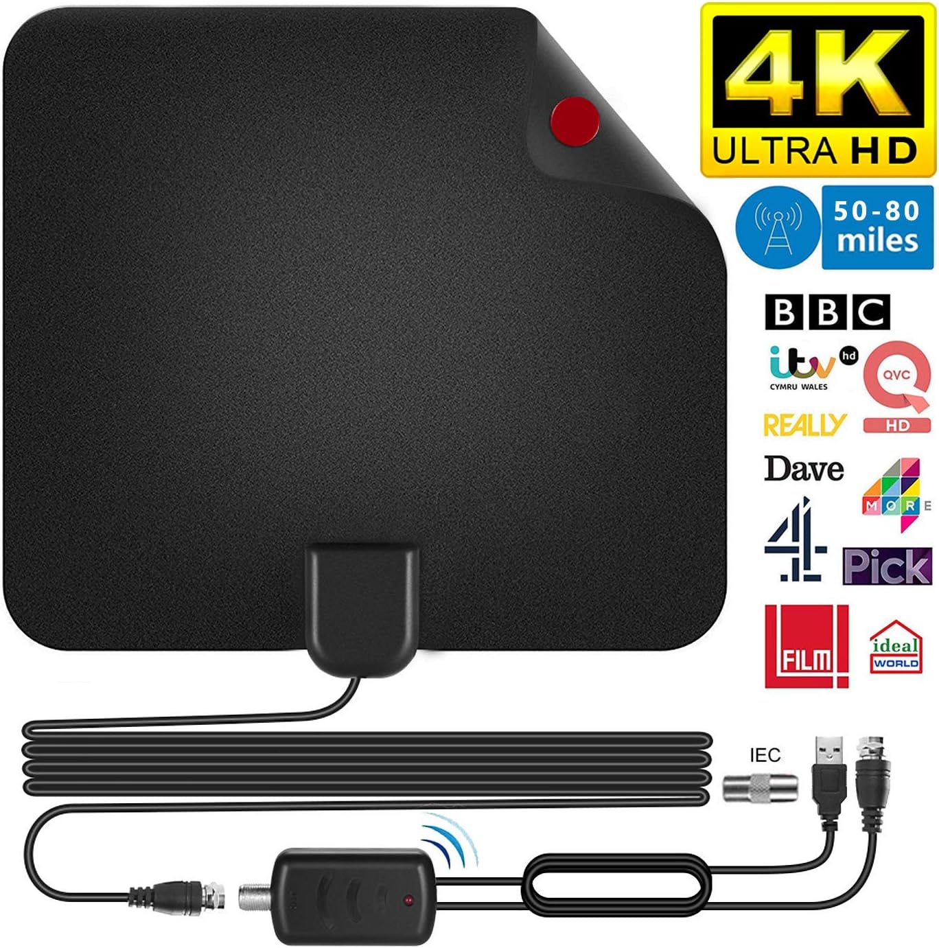 [2020 New Version] TV Antenna HD,Freeview Indoor TV Aerial 50-80 Miles Range 4K Digital HDTV Indoor Antenna with Detachable Amplifier Signal Booster and 16.4ft Long Coax Cable,Support VHF/UHF/FM