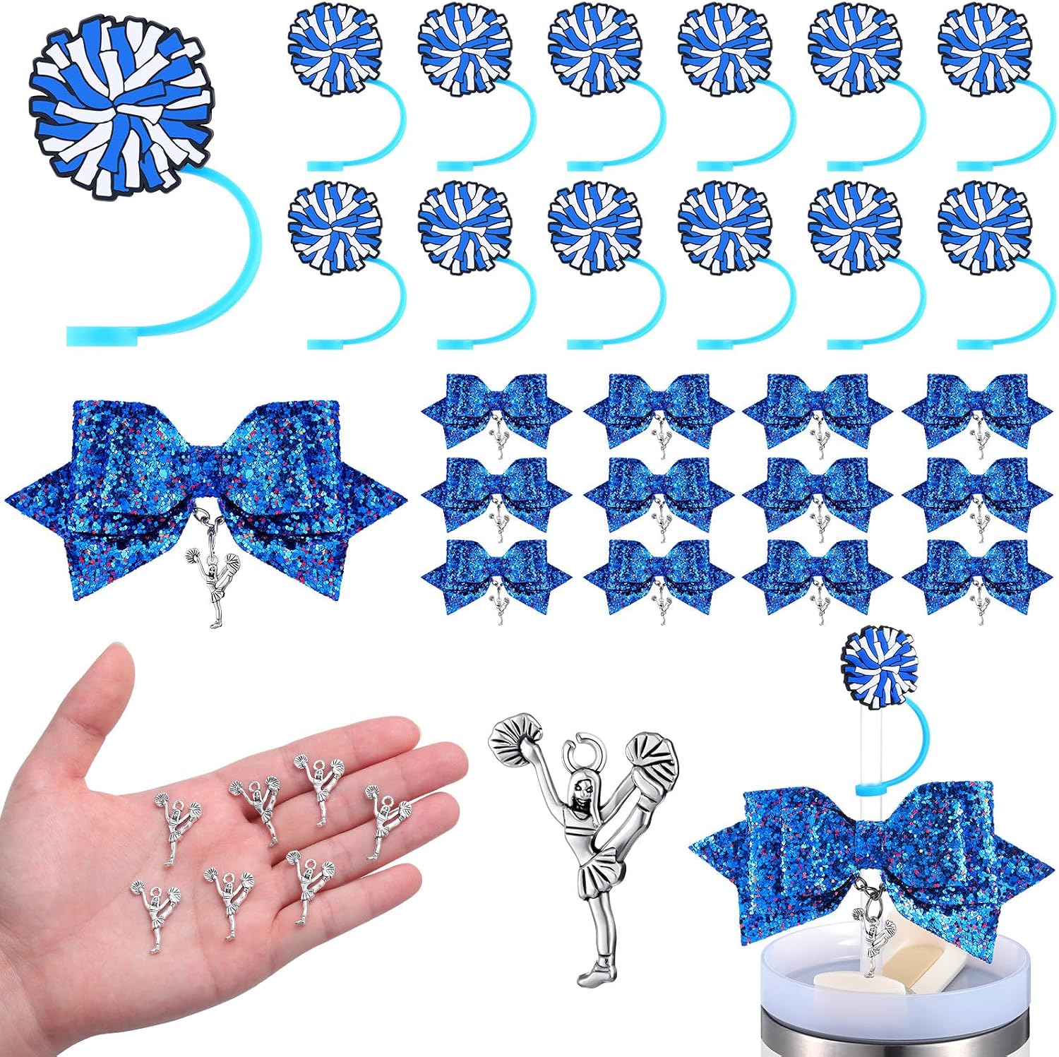 12 Set Cheer Team Gifts Bulk, Red Cheerleading Tumbler Accessories, 10 mm Cheer Straw Toppers and Blue Glitter Bows with Cheerleaders Charms Cheerleader Tumblers Decor Party Favors