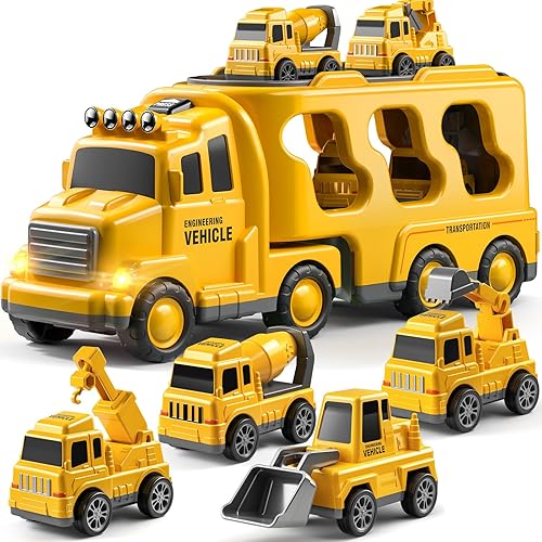 Miniatura 7 de Juegos de camiones de construcción 7 en 1 para niños de 3, 4, 5, 6 años, juguetes de ingeniería para niños, camiones de transporte para niños,