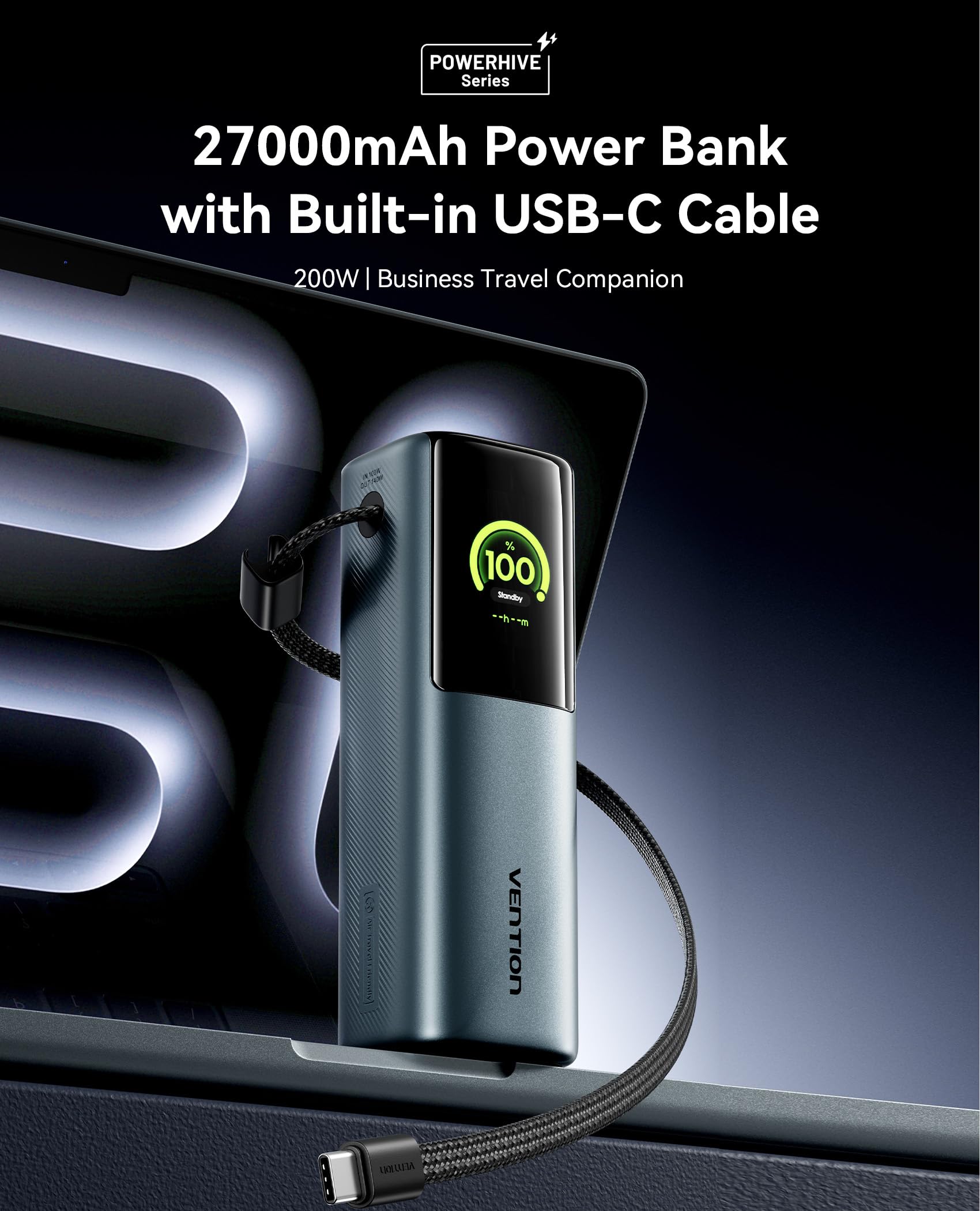 VENTION Power Bank 27000 mAh 200W, batería Externa Carga rápida con Pantalla Digital y animación Emoji, Cable USB-C Integrado, 2× USB-C + USB-A, para MacBook Pro, DELL/HP, iPhone 17/16/15, Galaxy