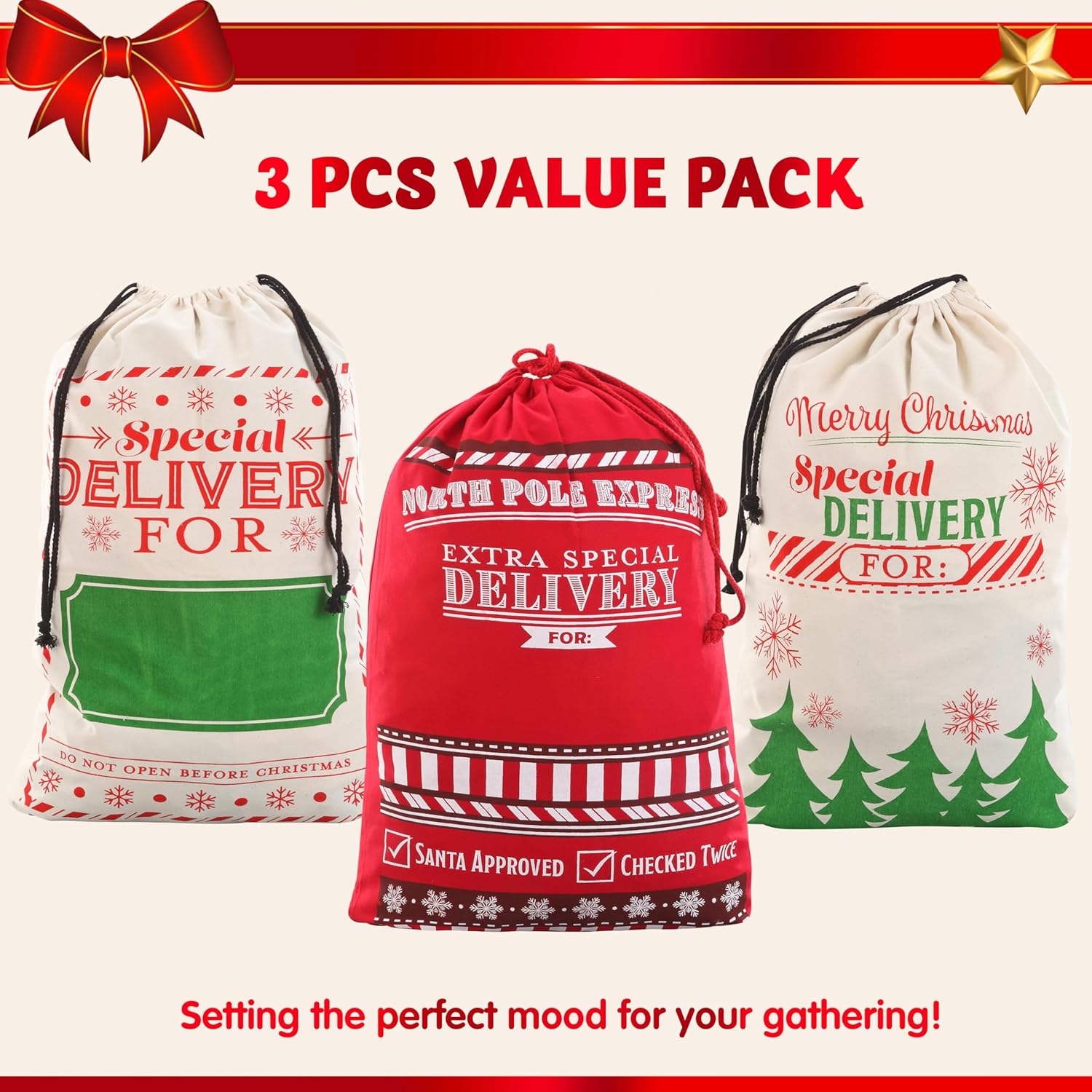 JOYIN 3 PCS Christmas Drawstring Santa Burlap Sack 26" x 19", Large Canvas Gift Bag Reusable Personalized Cloth Pouch for Xmas Presents Package, Party Supplies, Hoilday Decoration - Image 2