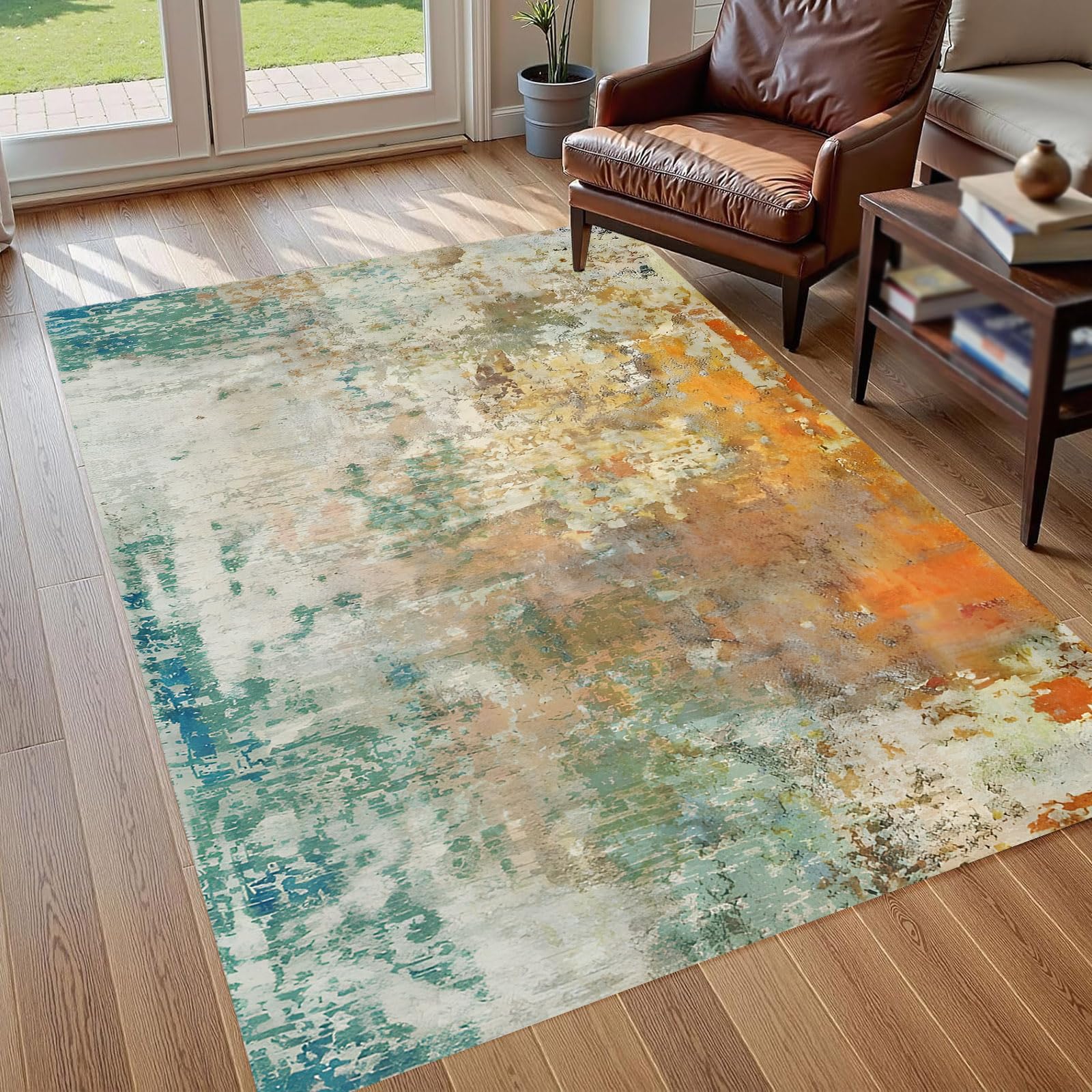 Tapis moderne abstrait bleu sarcelle et vert 100x200 cm pour salon et chambre