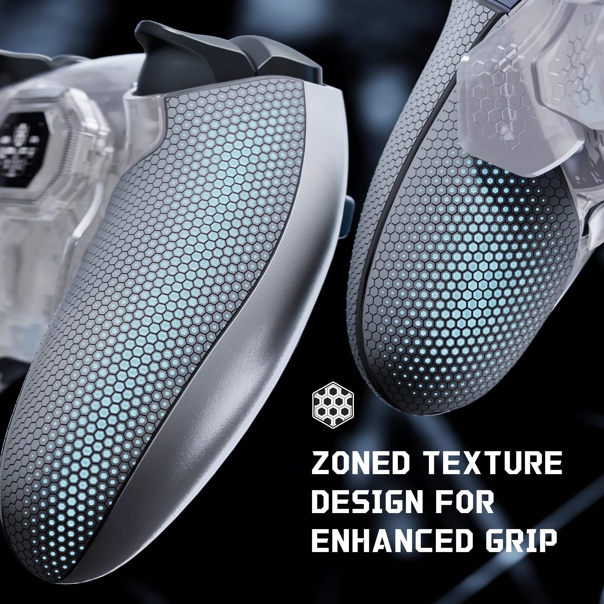 eXtremeRate Beyond Kit de Carcasa con Paletas Traseras para ps5 Edge Mando, Pantalla OLED, Empuñaduras Ergonómicas Antideslizantes, 4 Botones Traseros Reprogramables（Transparente & Gris）