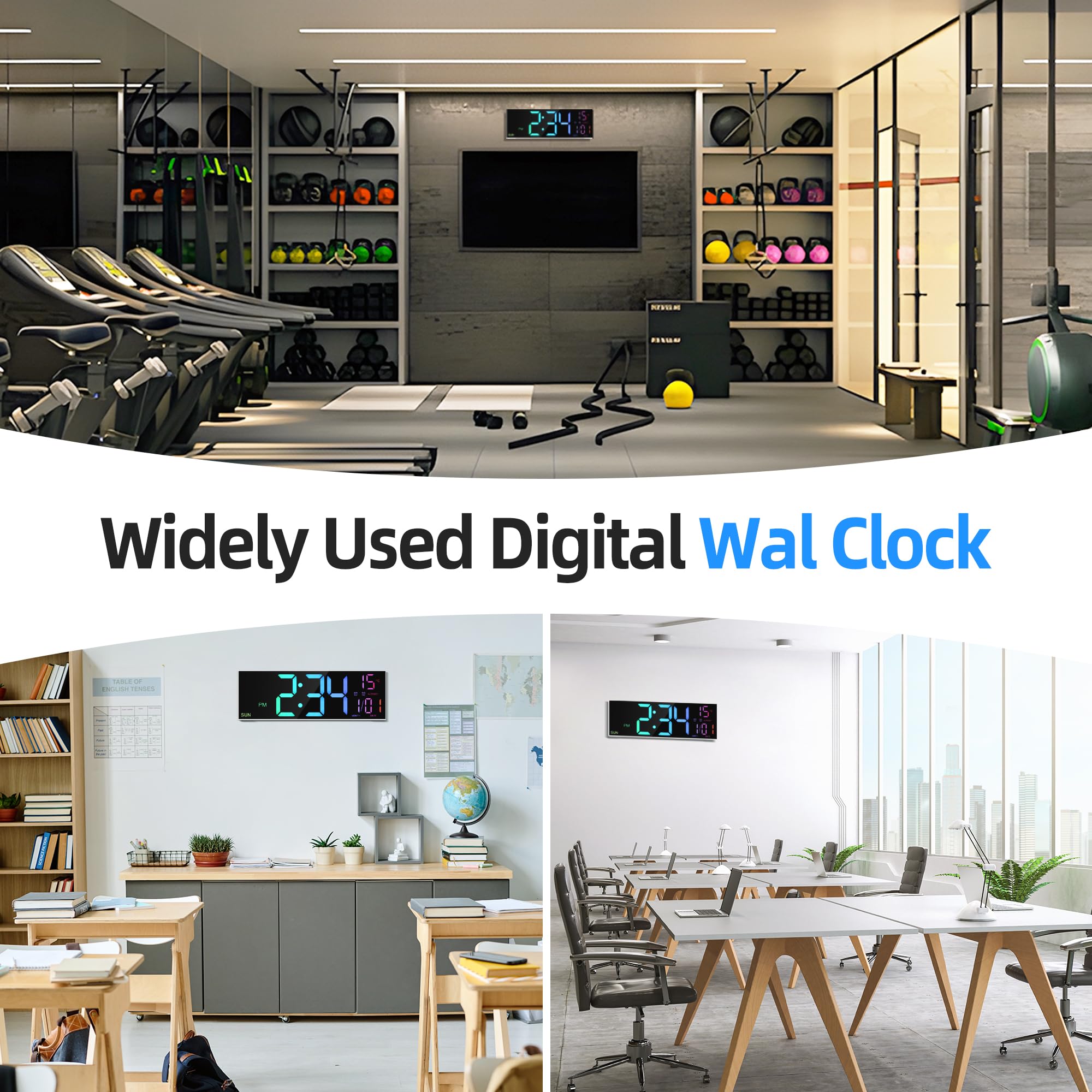 LEIKE Grande horloge murale numérique de 40,6 cm avec télécommande, double alarme pour salon, chambre à coucher, décoration de cuisine, 8 couleurs RVB, grand écran LED, luminosité automatique, date,