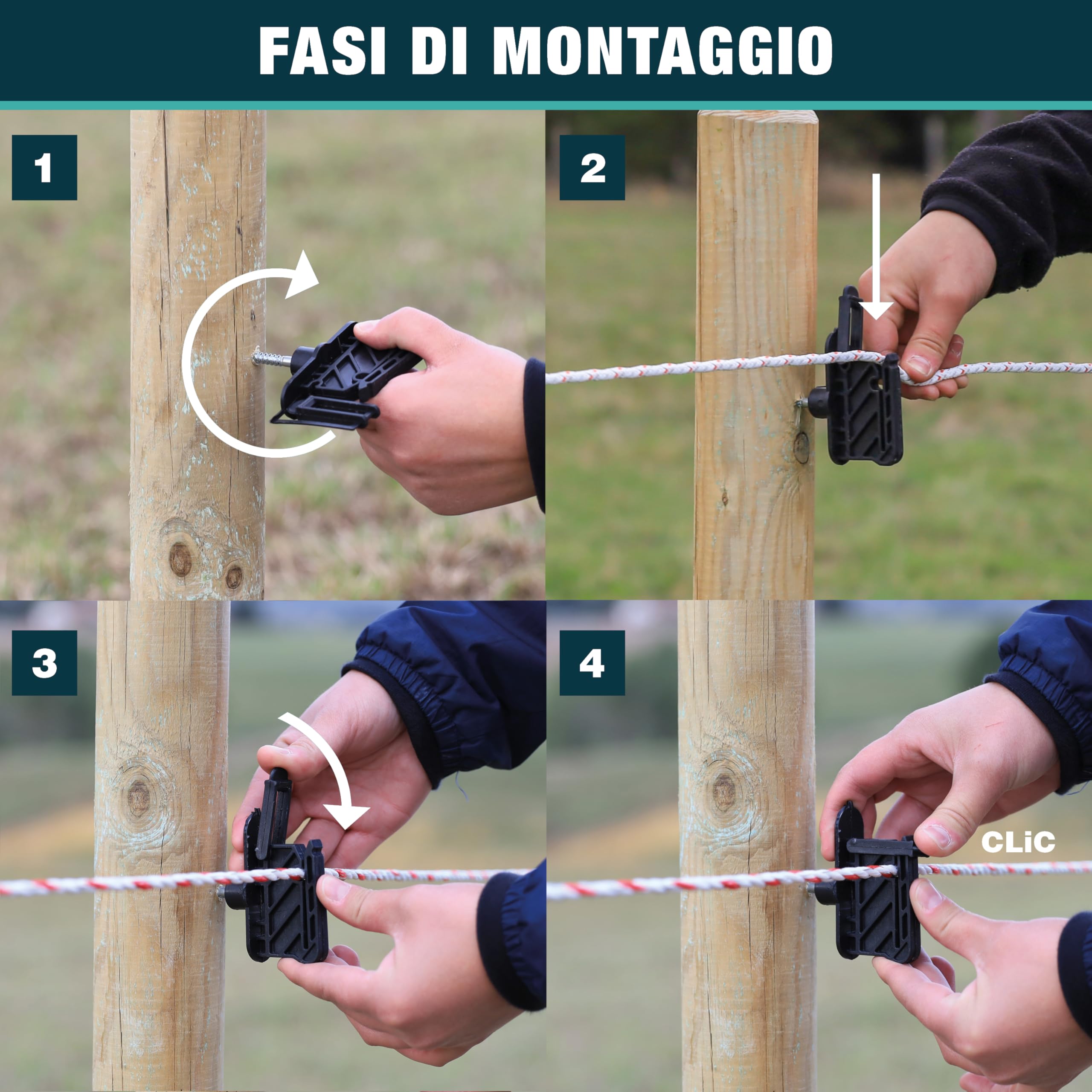 Isolatori a vite per recinzioni elettriche - Confezione da 50 pezzi - Per funi, corde, nastri fino a 40 mm - Da avvitare - Per pali in legno - Chiusura a clip