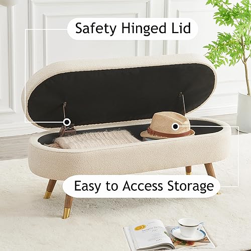 Miniatura 6 de IAFIKE Banco de almacenamiento ovalado de 43.5 pulgadas, banco otomano tapizado de tela boucle con patas de metal dorado, extremo de cama para