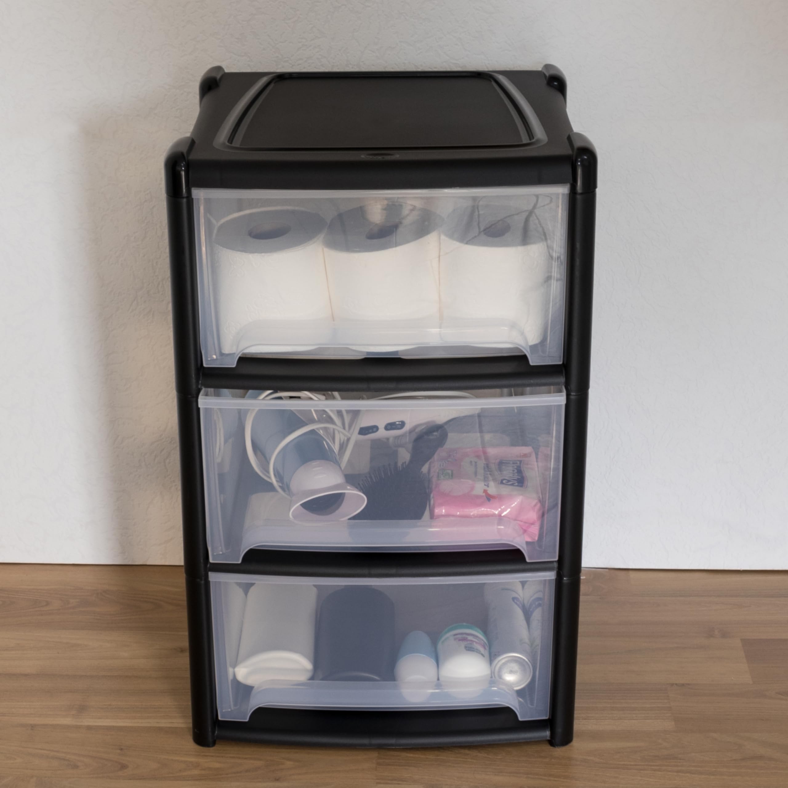 Schubladenbox 3 Schubladen 38x38x61cm schwarz-transparent Kunststoff Box