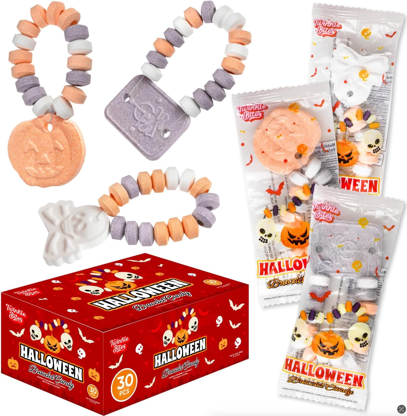 30 Pack Halloween Candy Bracelets - Individually Wrapped Holiday Themed Pumpkin And Skull Bracelets – Trick Or Treat Strawberry And Tutti Frutti Delicious Candys - Bulk Halloween Candy’s Great Use, For Kids, Trick or Treat, Party Favor, Classrooms, Goodie Bags