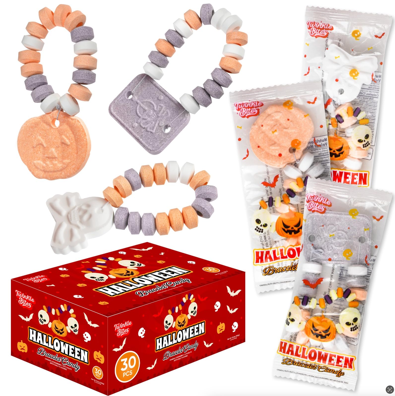 30 Pack Halloween Candy Bracelets - Individually Wrapped Holiday Themed Pumpkin And Skull Bracelets – Trick Or Treat Strawberry And Tutti Frutti Delicious Candys - Bulk Halloween Candy’s Great Use, For Kids, Trick or Treat, Party Favor, Classrooms, Goodie Bags