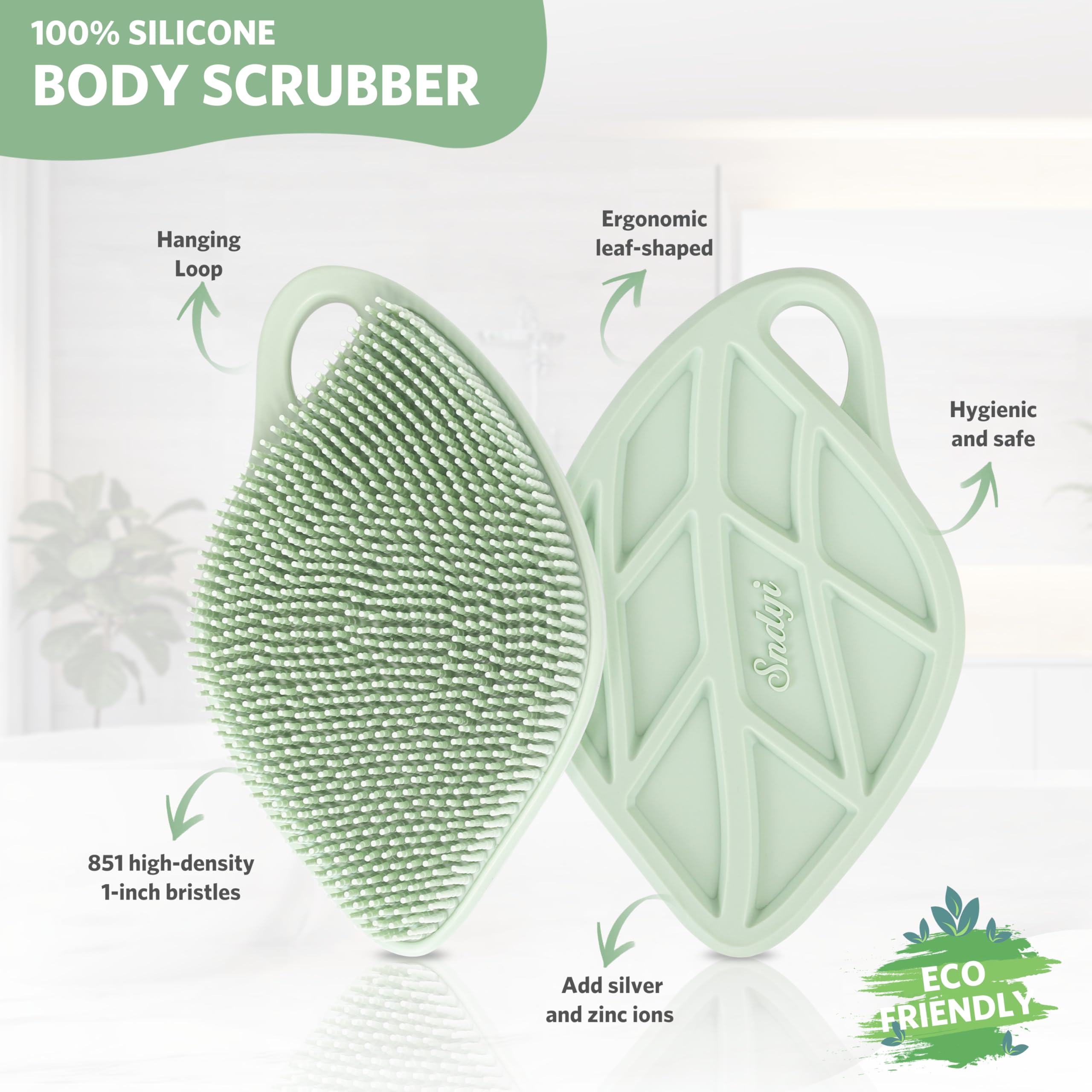Sndyi Silicone Body Scrubber, Gentle Exfoliating Body Scrubber for Sensitive Skin, Leaf Shaped Shower Scrubber for Body with Lathering Bristles, Silicone Loofah Body Brush for Showering,: Green