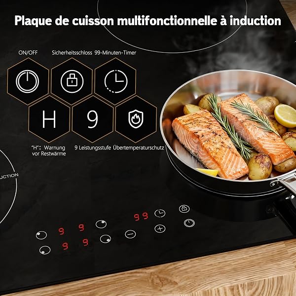 Plaque à Induction 4 Foyers avec Prise, Karinear 4 Feux Encastrable, Table de Cuisson avec Commande Tactile, Sécurité Enfant, Minuterie, Plaque de Cuisson Electrique 3500W - 3