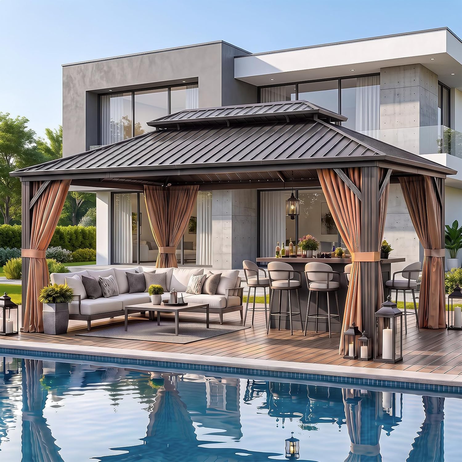 Aoxun 12x16 Hardtop Gazebo with Double Roof, Mosquito Netting & Thermal Curtains