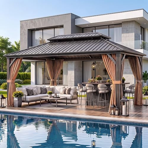 Aoxun 12’x16’ Hardtop Gazebo with Galvanized Steel Double Roof Brown