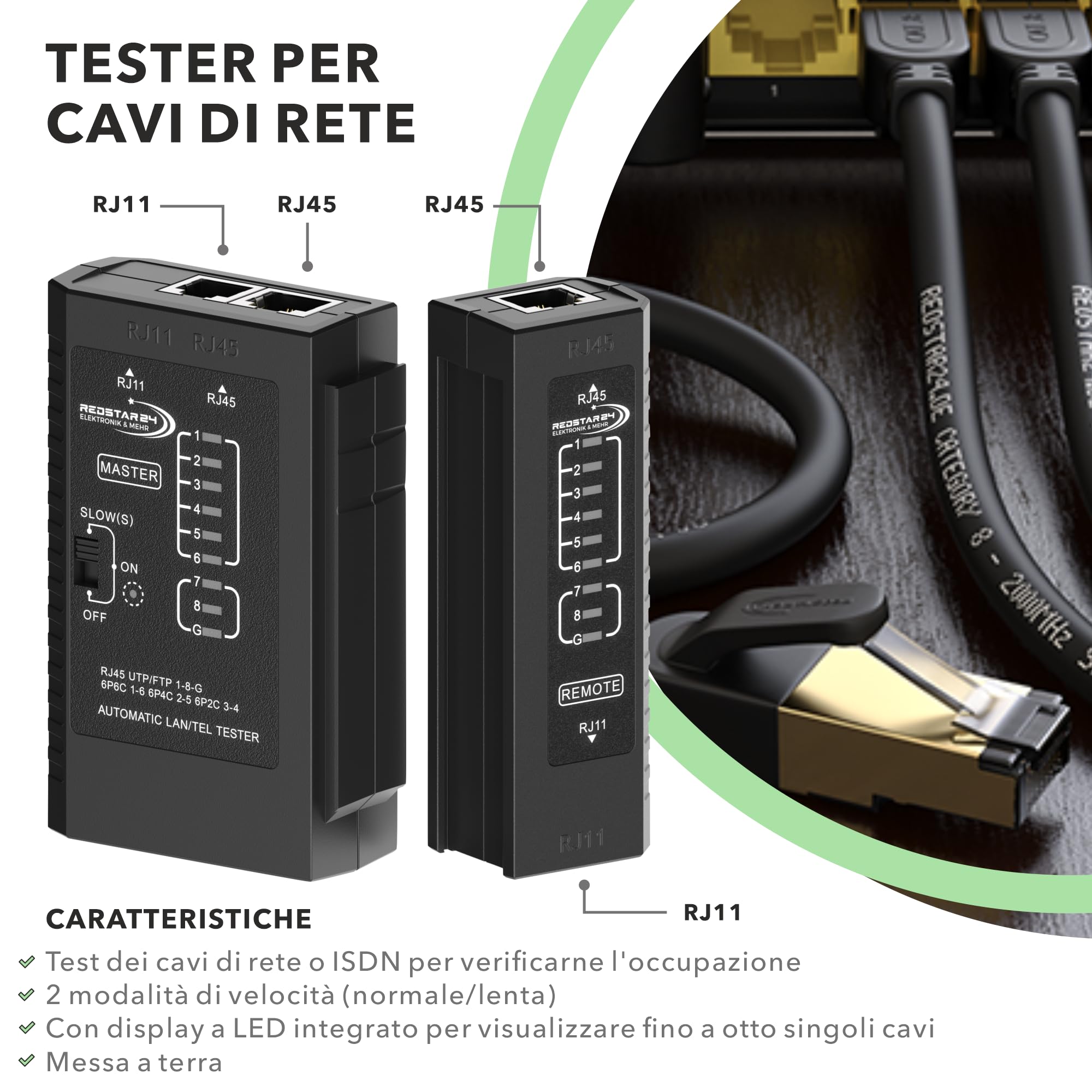 RedStar24 Tester di Rete - Tester Cavi LAN con RJ11, RJ12, RJ45 per Patch - LED di Prova per Test Precisi e Verifica di LAN e Cavo di Rete - Ideale per Test Cavi Patch e Linee