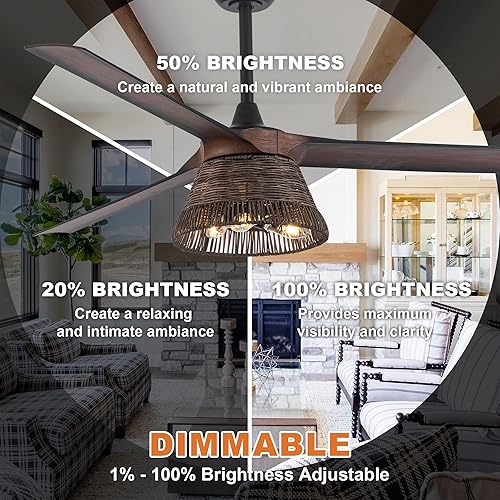 Miniatura 4 de Parrot Uncle Ventiladores de techo con luces y control remoto, ventilador de techo negro de 60 pulgadas con luz, ventiladores de techo grandes para