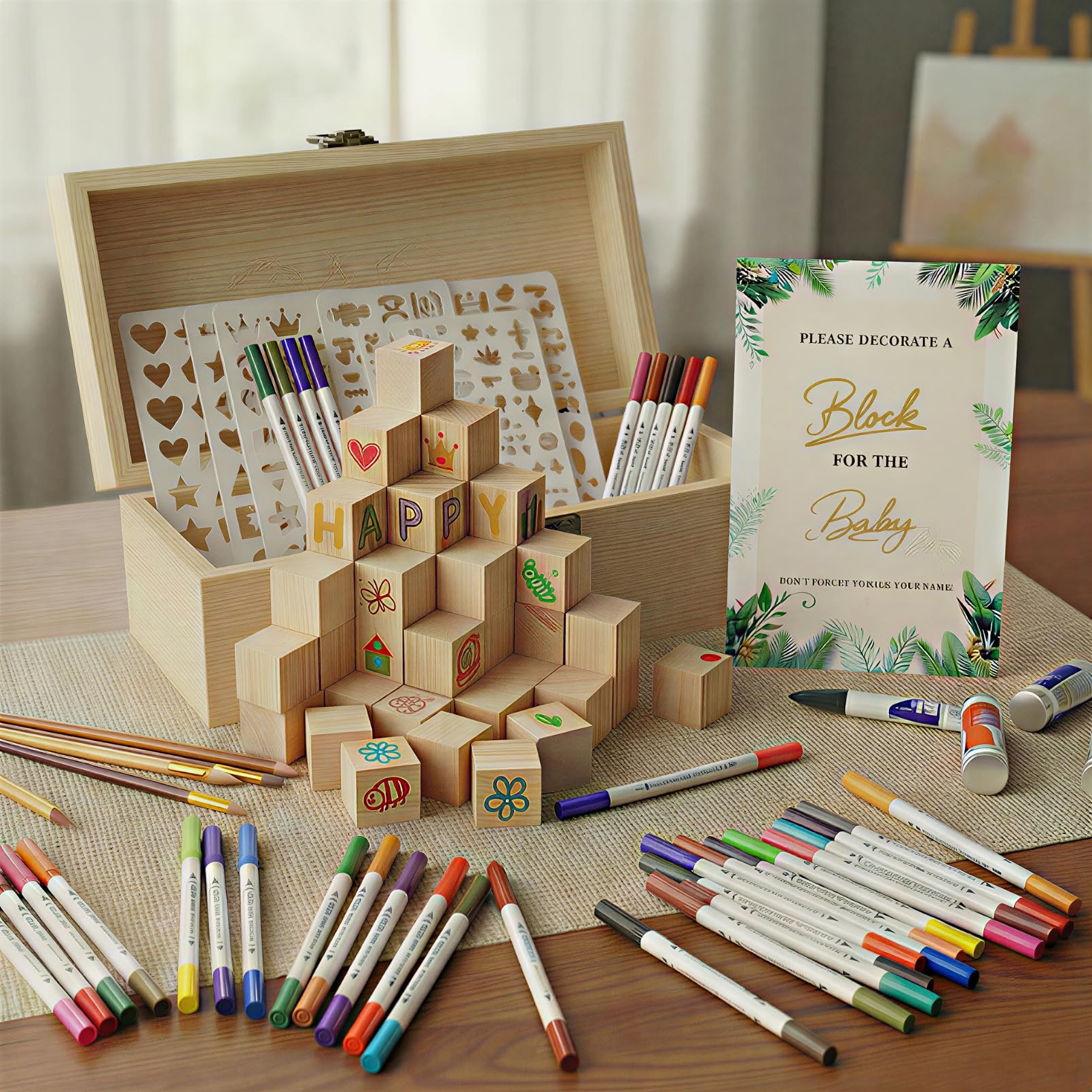 Babyparty Spiele –Baustein-Geschenkset,Baby Shower Aktivität mit Holzblöcken, Stiften & Schablonen – Geschenk-Idee für Junge, Mädchen