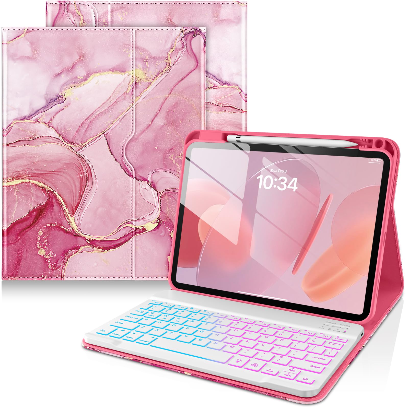 DTTO for iPad (A16) 11th / 10th Gen Case with Keyboard, Red Marble