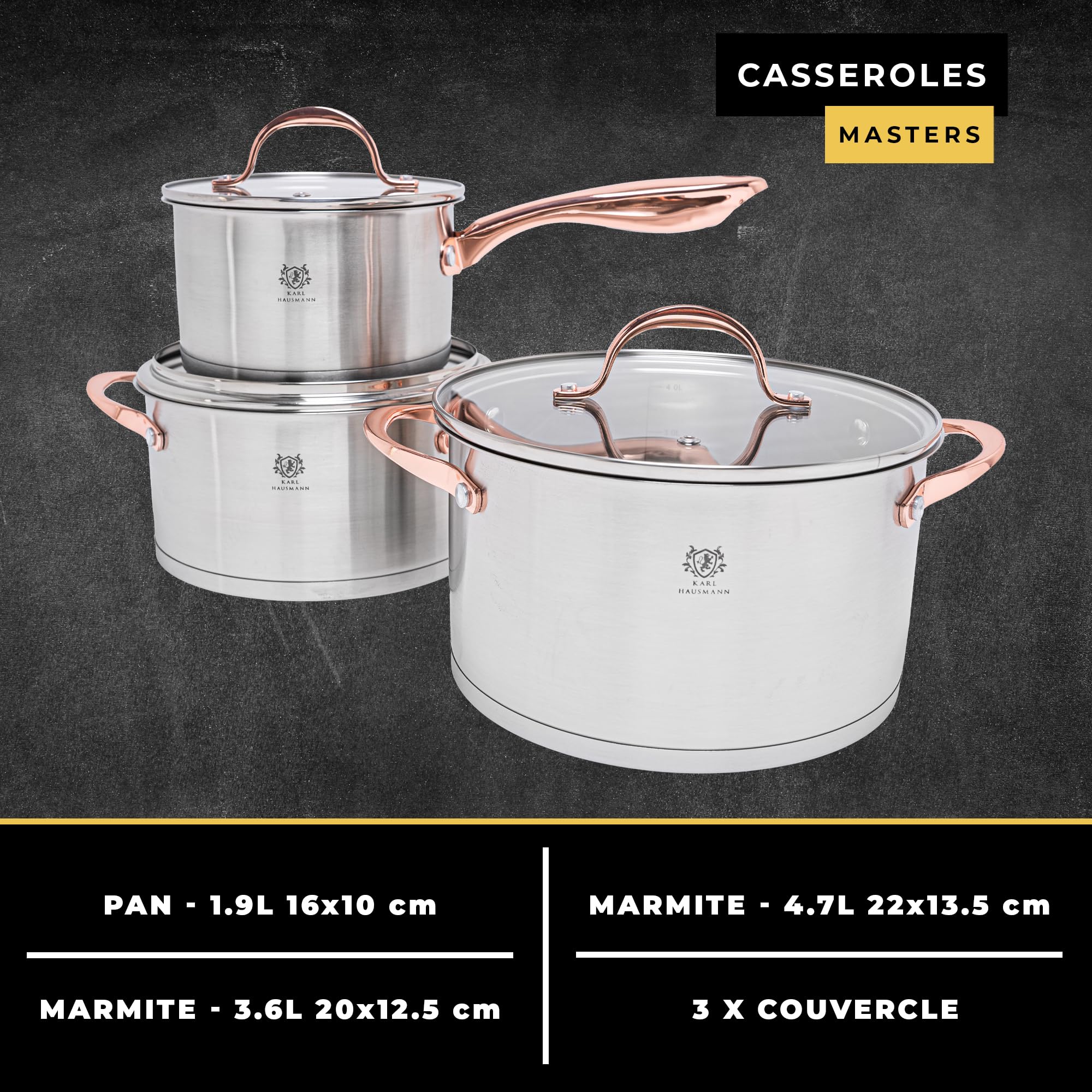 KARL HAUSMANN Lot de 3 Casseroles Induction Inox - Avec Couvercle Verre - Sans Revêtement - Compatibles Cuisinière, Gaz, Électrique - Graduation Intégrée - Set Casserole Tout Feux Cuisine
