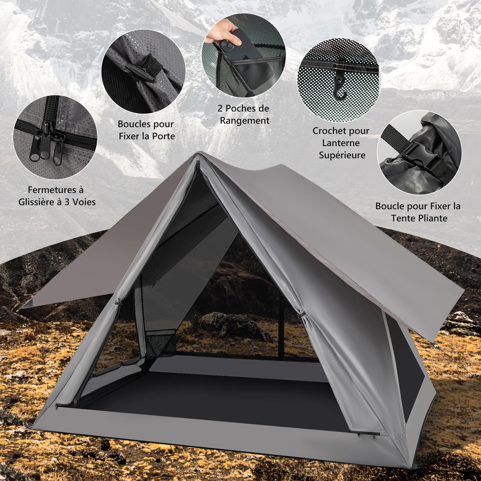 GOPLUS Tente de Camping pour 4-6 Personnes, Tente Familiale Tipi Chapiteaux, 3 Portes, 3 Fenêtres en Maille,Sac de Transport, pour Randonnée, Voyage