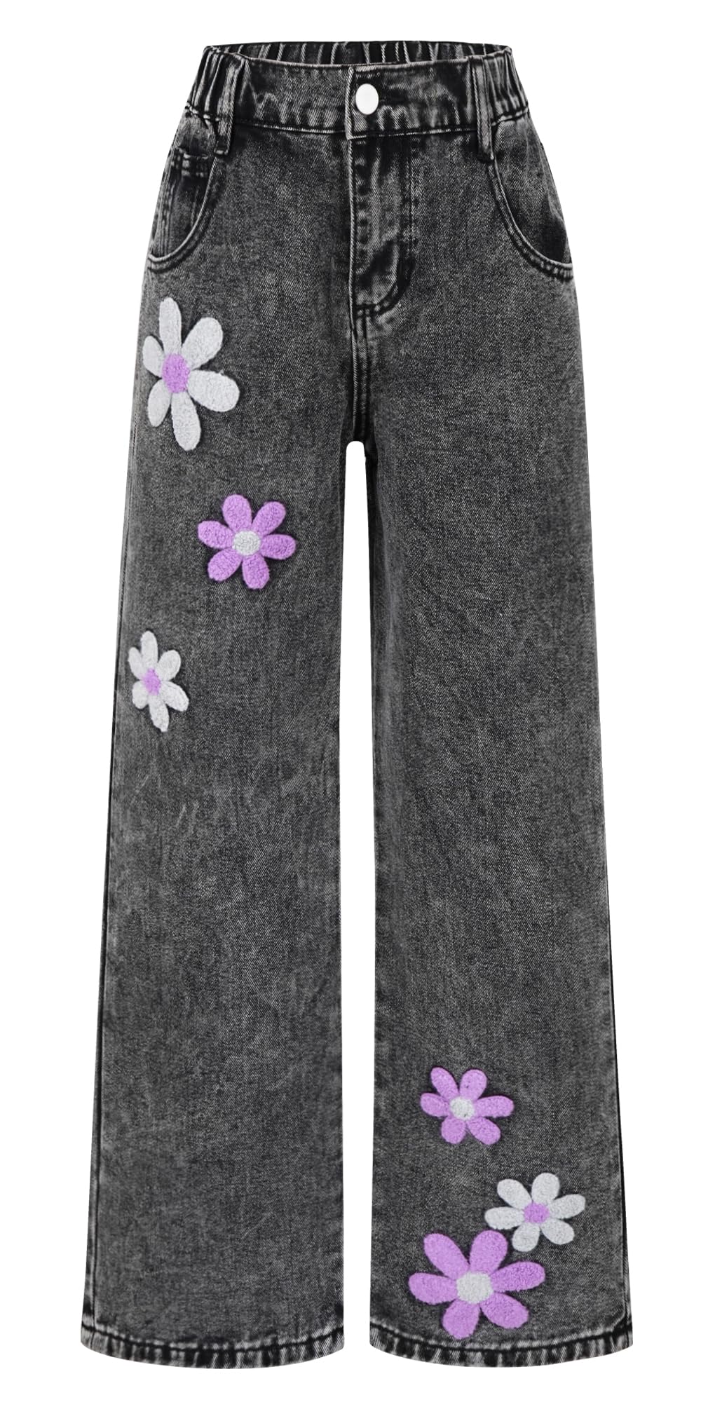 Happy Cherry Jeans Fille Jambe Large avec Florale Broderie Baggy Denim Pantalon Élastique Taille pour Enfants 7-14 Ans
