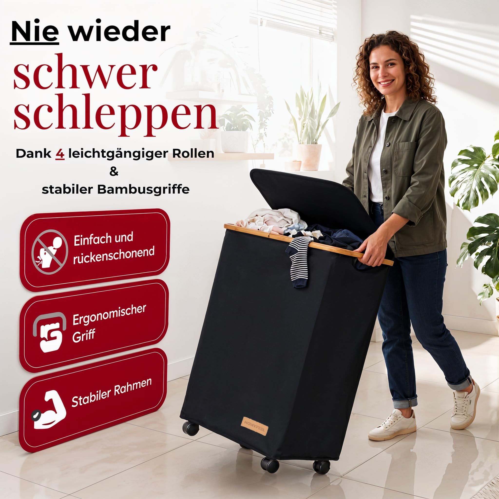 HomyFeel - Wäschekorb 3 Fächer rollbar, 160L Wäschesammler mit Deckel, Wäschesortierer groß, Oxford Gewebe, herausnehmbarer wäschesack, Wäschebox auf Rollen, Griffe aus Bambus, 57x37,5x79cm, Schwarz