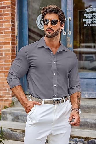 Miniatura 2 de COOFANDY Camisas casuales de manga larga con botones para hombre, camisas de vestir elásticas para hombre