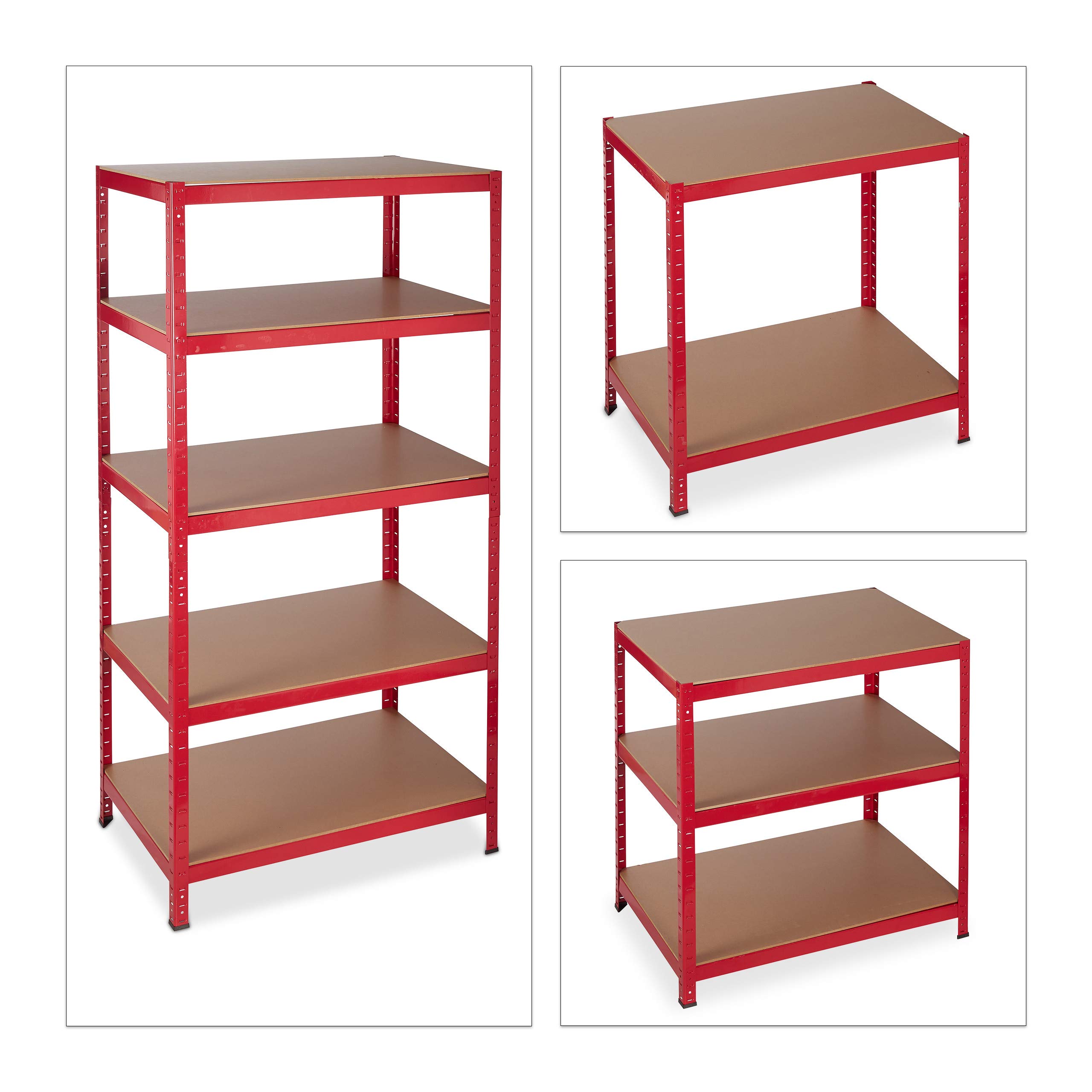 Relaxdays Étagère charge lourde, Meuble rangement à clip, Cave charge 1325 kg, garage, 180x90x60 cm, métal, MDF, rouge