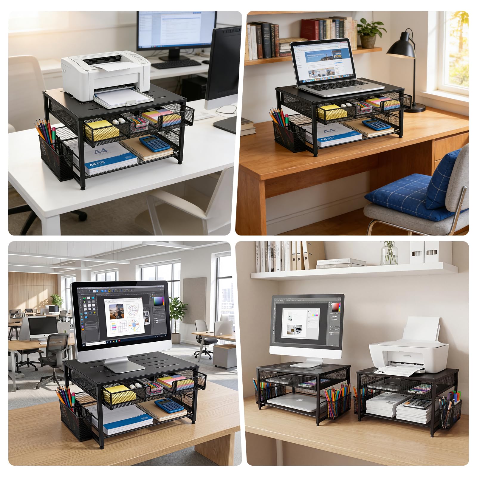Supporto per monitor, organizer da scrivania in metallo con cassetto e 2 portapenne, rialzo ergonomico per monitor per stampante, laptop e ufficio, espositore a 2 livelli (nero)