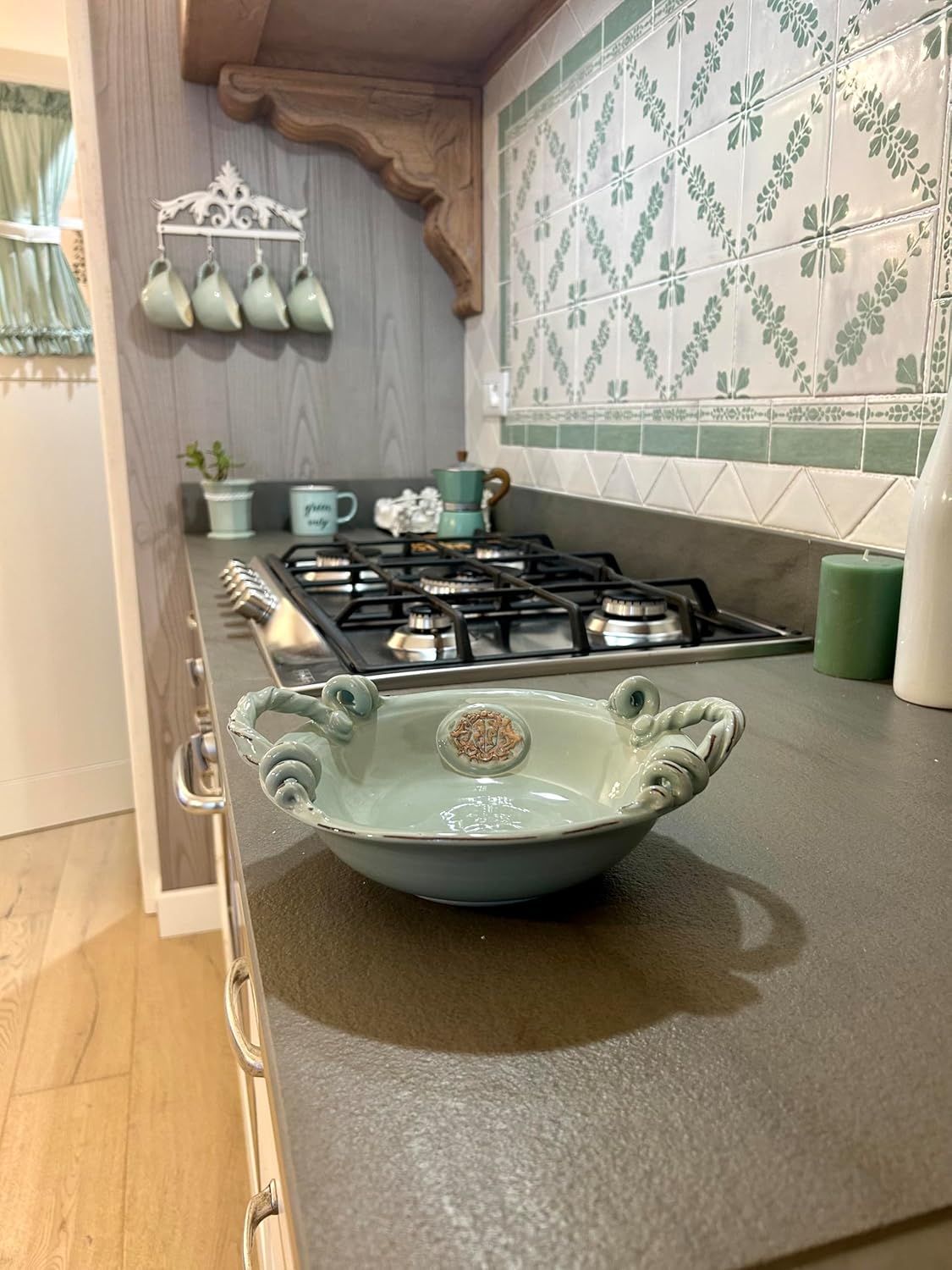 CERAMICHE PARRINI - Italian Ceramic Art Bowl - Centerpiece Pottery Pattern Sage Green Rustic Hand Painted Made in ITALY Tuscany Florence