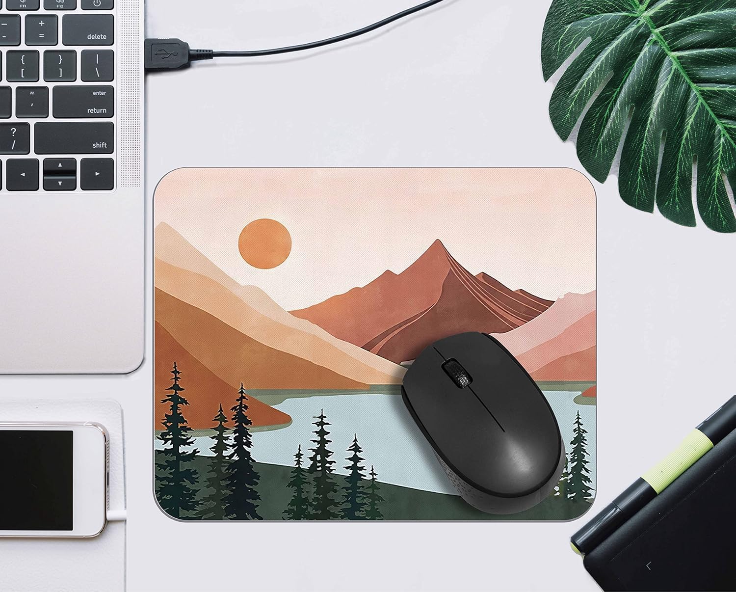 OFlich Abstract Boho Sun Mountain Forest Lake Nature Landscape Mousepad 9.5×7.9 Inch Non-Slip Rubber Base Square Mouse Pads for Computers Laptop Office Home Dorm Desk Decor,Boho Gifts for Women Girls - Image 3